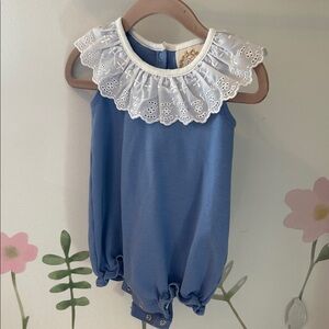 Blue Baby Romper with White Lace Collar